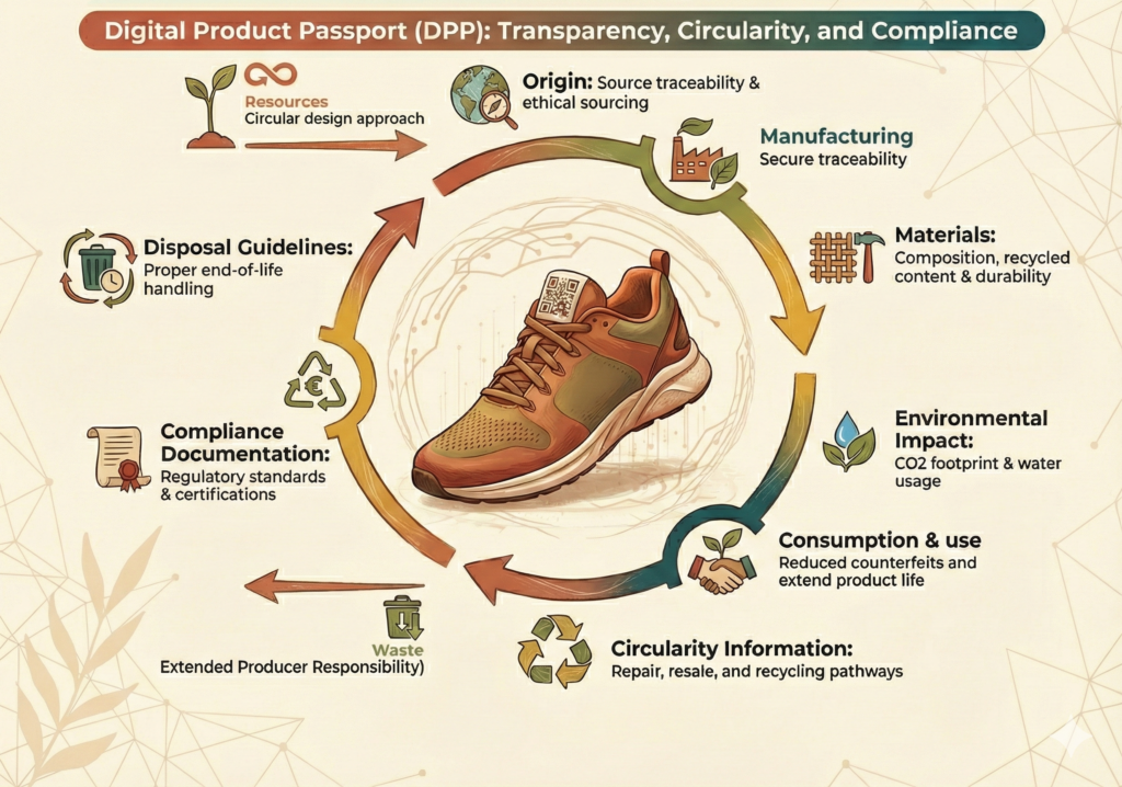 Infografik eines digitalen Produktpasses, der den CO2-Fußabdruck des Produkts, LCA-Daten, EPD-Dokumentation und die Phasen des Kreislauflebenszyklus zur Erfüllung der EU-Vorgaben darstellt.
